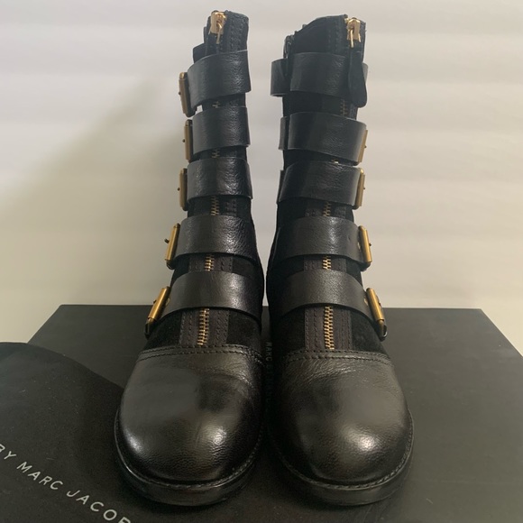 Marc By Marc Jacobs Gold Buckle Black Boots Moto Chic Leather Suede Straps - Picture 3 of 9